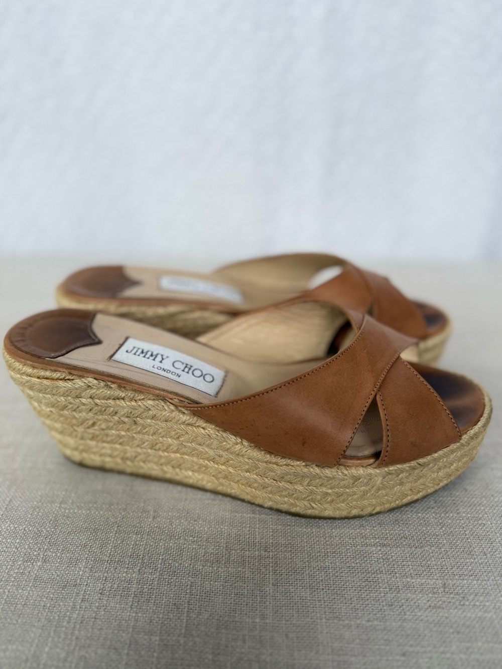 Jimmy Choo Leather Espadrille Wedge Slide Sandals Brown EU 38 US 7.5-8